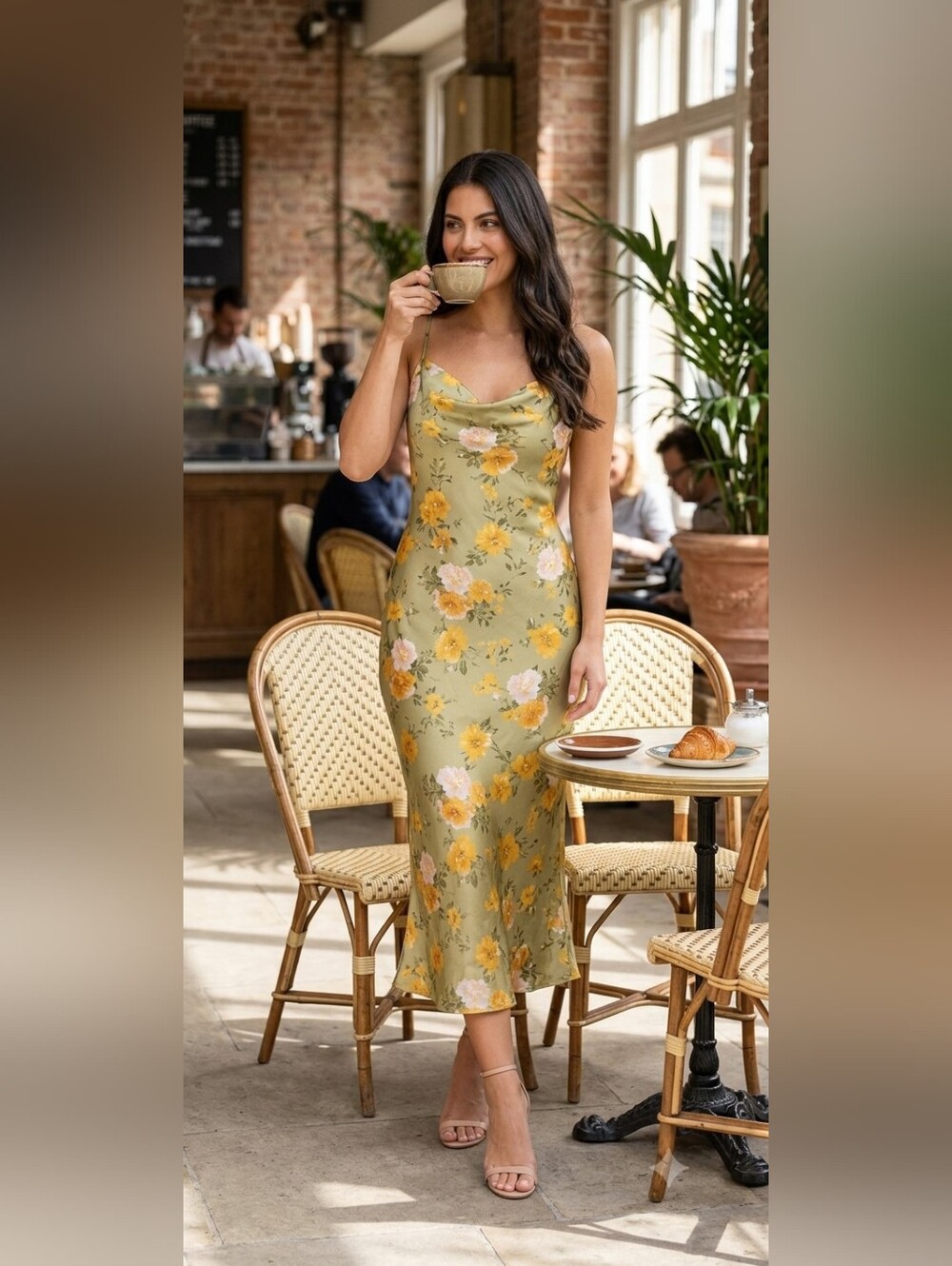 BEBE GREEN FLORAL SATIN SLIP DRESS